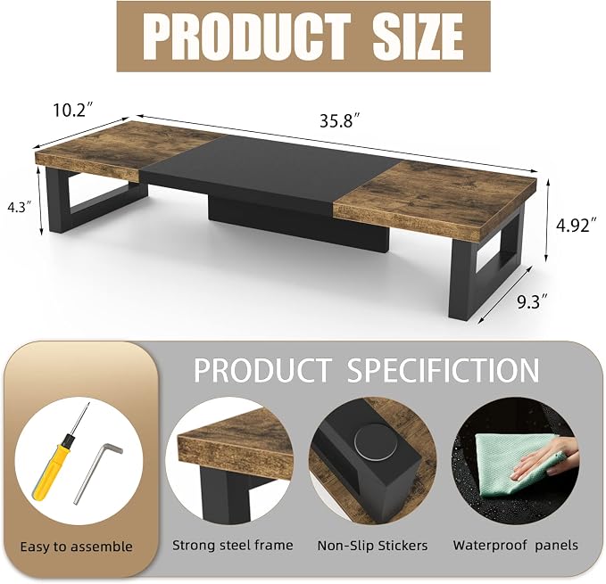 WESTREE Dual Monitor Stand Riser, Wood and Steel Multi-Purpose Desktop Storage Stand for 2 Monitors for Computer, Laptop, Printer, TV, Rustic Brown (Pack of 2) - Image 6