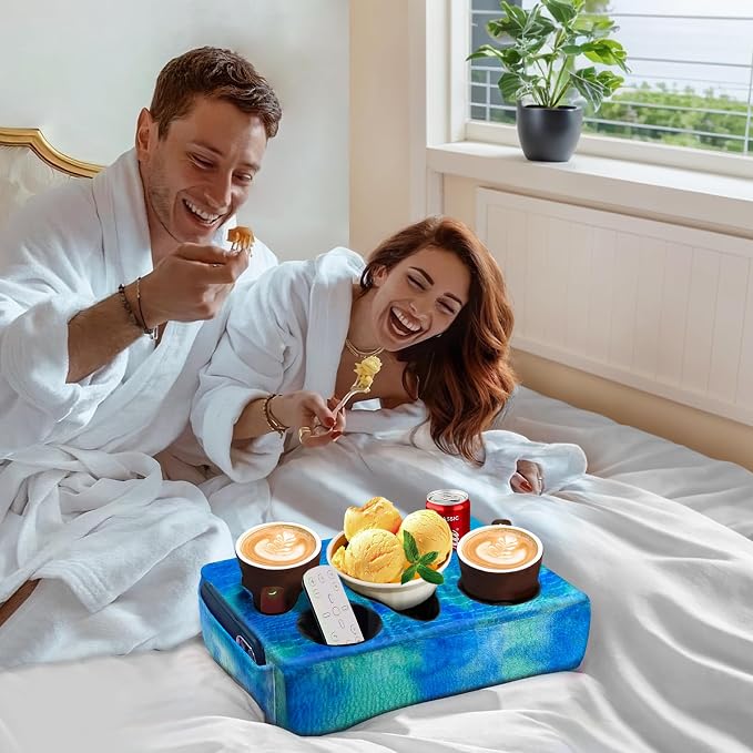 Couch Cup Holder Pillow, 5 Hole Couch Drink Holder! Keep Drinks Hand Side and Keep Temp, Prevent Spills and Use Anywhere. Cup Holder for Couch, Bed, Camping, RV, Car, Beach. Blue - Image 4