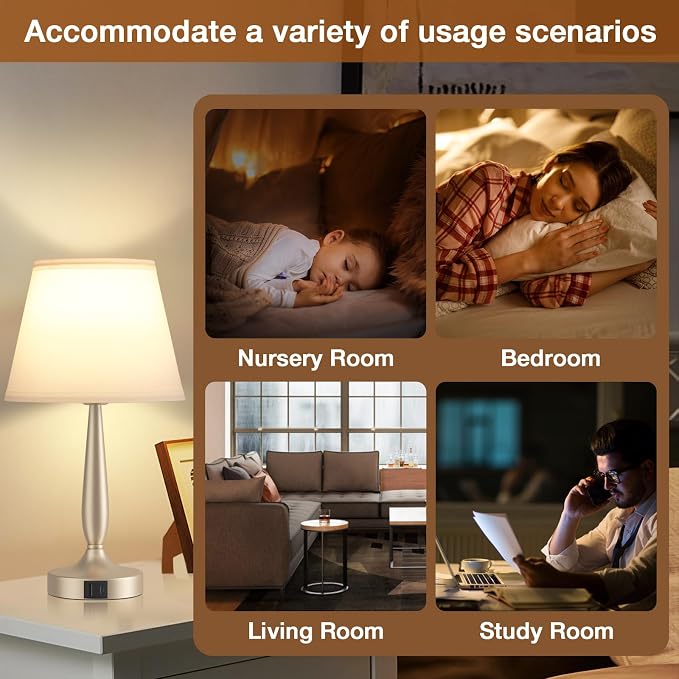 Kakanuo Touch Table Lamp for Bedroom, Small Bedside Lamp with USB C Charging Port, 3 Way Dimmable Touch Control Nightstand Lamp for Living Room, White Shade and Champagne Gold Base - Image 6