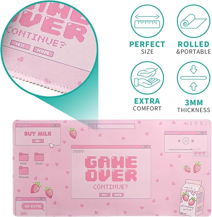 Pink Gaming Mouse Pad 27.6x11.8 Inch Pastel Game Over Large Mousepad Kawaii Office Decor for Women Non-Slip Rubber Base Stitched Edges Keyboard Mouse Mat Desk Pad for Office Home and Game - Image 5