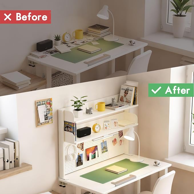 Clamp On Desk Shelf Organizer with Pegboard Desk Hutch Dorm with Storage Bookshelf Desk Top Organizer Shelf Multi-Purpose White & Black Desktop Shelves & Office Shelves(White, W - 39.4") - Image 4