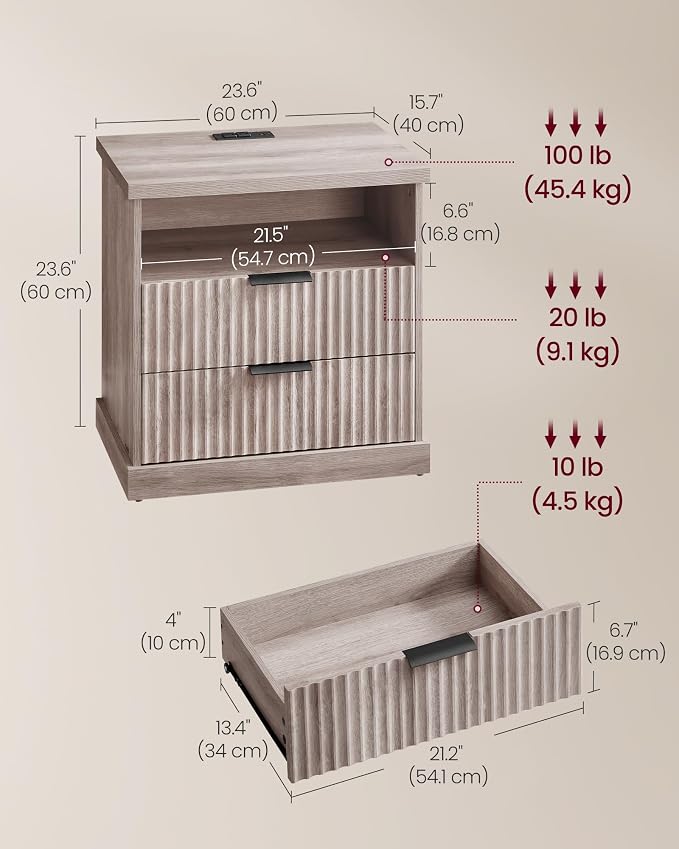VASAGLE Nightstand with Charging Station, 2 Drawers, Open Shelf - Image 3
