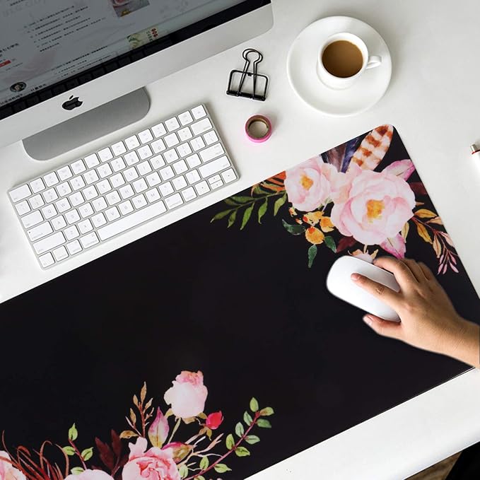 iCasso Extended Gaming Mouse Pad,35.4 x 15.7in Desk Pad,Flower | Non-Slip Rubber Base Mousepad with Stitched Edges,Waterproof Keyboard Mouse Mat Desk Pad for Work Home - Image 6