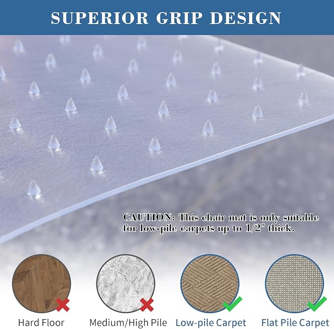 Tydle Chair Mat for Carpet, 60" x 46" Chair Mat for Carpeted Floors, Non-Slip Computer Under Desk Plastic Floor Mat for Work Gaming Chairs, Heavy Duty Carpeted Floor Protector for Home Office (Clear) - Image 3