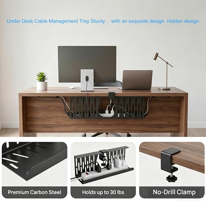 Under Desk Cable Management Tray, Cord Organizer for Desk Cable Management Tray Under Desk with Clamp for Home Office, Standing Desk(1Pack，Black) - Image 3