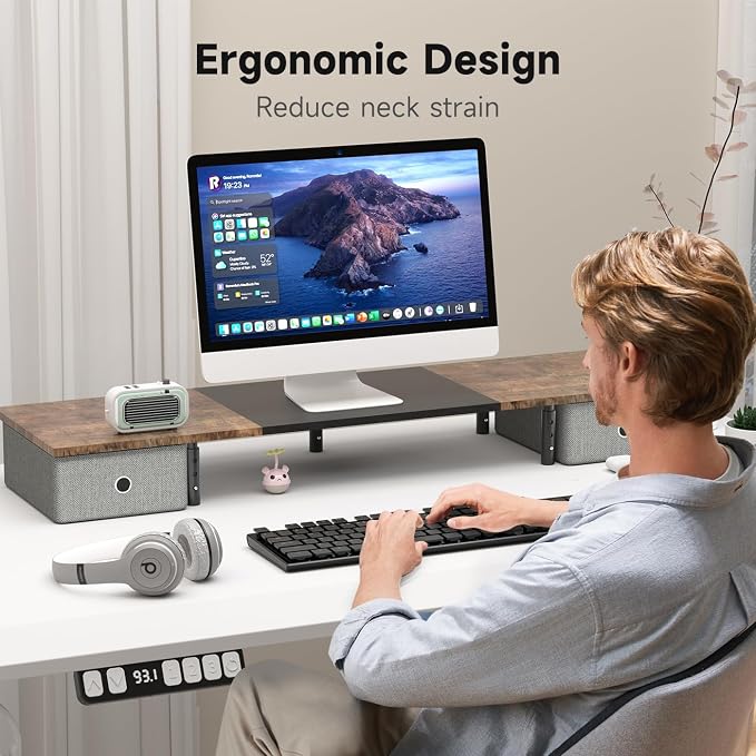 Suptek Dual Monitor Stand Riser with Two Drawers,Monitor Riser for 2 Monitors with Storage, Extra Large Storage for 2 Monitors, Multifunctional Desktop Organizer,Desktop Oraganizer Computer,Laptop,Printer,TV - Image 4