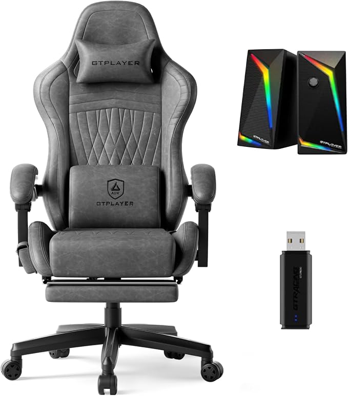 GTPLAYER Gaming Chair Bundle with Integrated Speakers, RGB Computer Speakers & USB Adapter – Ergonomic Music Chair for Surround Sound, Wireless & Complete Entertainment Setup, Grey by GTPLAYER