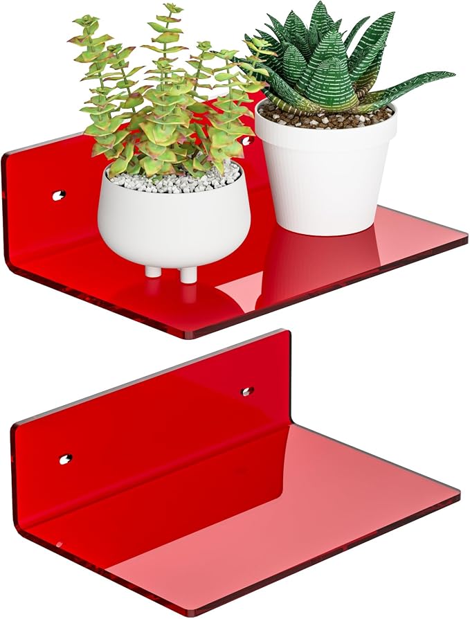 Sezanrpt 9 Inch Red Acrylic Small Wall Shelf, Home Wall Display Ledges for Storage, Room Décor, Space Saving, Items Organizer, 2 Pack by Sezanrpt