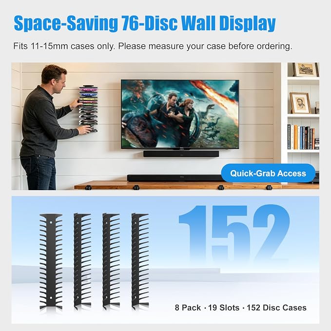 8 Pack DVD Shelf for Wall Mount, Floating Metal DVD Rack and Video Game Storage for Standard DVD CD Cases, Heavy-Duty Media Organizer Holder for PS, Xbox, PS5, PS4, Holds up to 152 - Image 6