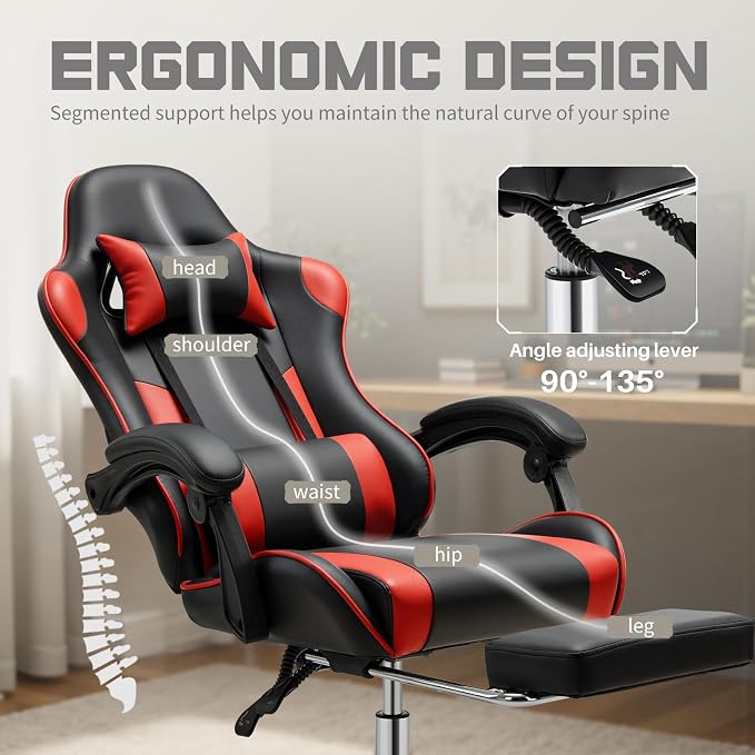 DUMOS Ergonomic Gaming Chair with Footrest, Home Office Desk Chair | PU Leather, Headrest, Linkage Armrests, Height Adjustable, 360 Swivel Reclining, Black Red - Image 4