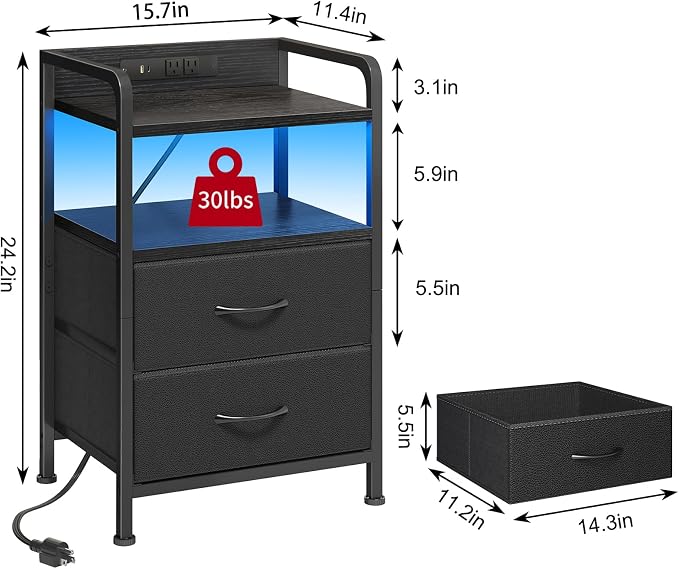 Fixwal Black Led Nightstand, Rear Charging Station, 2 Fabric Drawers - Image 3