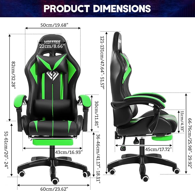 RGB Gaming Chair with LED Lights Massage Ergonomic Computer Chairs-Green | High Back Video Game Chair with Footrest & Adjustable Lumbar Support Gamer Chairs for Adults Racing Style Recline - Image 3