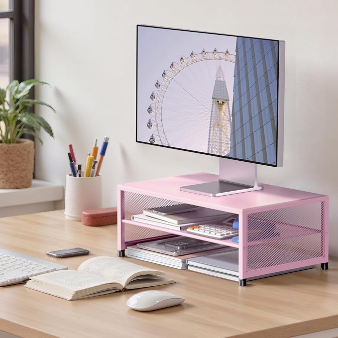 ECOLOVI 2-Tier Computer Monitor Stand Riser, Printer & Laptop Stand, Office Desk Accessories, Workspace Desk Organizer for Home Office Supplies, Pink - Image 2