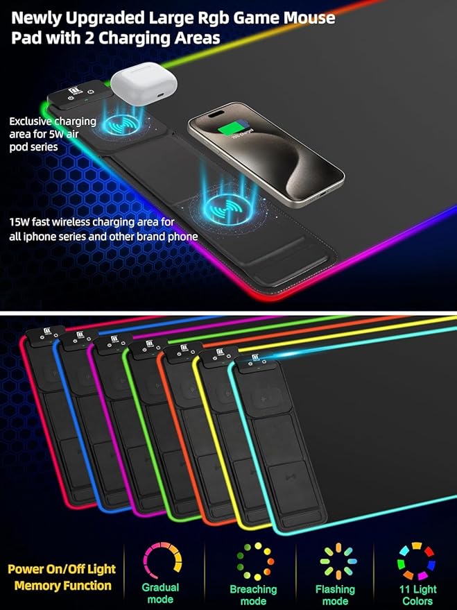 XXL Mouse Pad with Phone Holder - Black, RGB Desk Mat with 15W Fast Charging, LED Gaming Mousepad with 11 Light Colors, Waterproof Non-Slip Pad for Office & Home (Black with PD Adapter) - Image 5