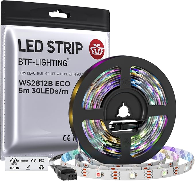 BTF-LIGHTING WS2812B ECO RGB LED Strip,UL Listed,Individually Addressable,16.4FT 30LED/m 150Pixel DC5V 5050SMD,Alloy Wire Flexible 3M Tape for DIY Chasing Color Project IP30(No Adapter or Controller) by BTF-LIGHTING
