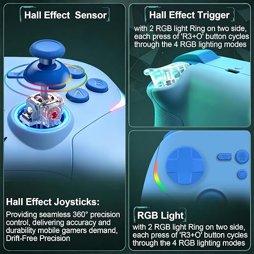 Megadream Phone Controller for PC/Switch 2|Swith/Android/iPad/Tablet/iPhone Controller - RGB light - Hall Effect Trigger/Joystick - Call of Duty, Roblox, Genshin Impact, Direct Play, Blue - Image 3