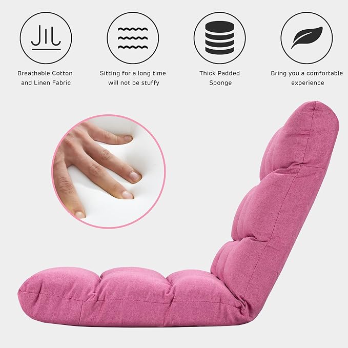 Giantex Adjustable Floor Gaming Sofa Chair 14-Position Cushioned Folding Lazy Recliner High Resilience Sponge, Breathable Cotton & Linen Fabric Sleeper Bed Couch Recliner (Pink) - Image 7