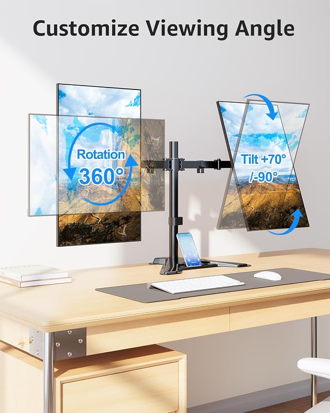 MOUNTUP Dual Monitor Stand - Freestanding & Height Adjustable Monitor Desk Mount, Steady VESA Mount Holds Max 17.6 lbs, Computer Monitor Stand for 2 Screens up to 27 inches, For Home Office - Image 5