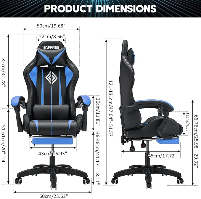 RGB Gaming Chair with LED Lights Massage Ergonomic Computer Chairs-Blue | High Back Video Game Chair with Footrest & Adjustable Lumbar Support Gamer Chairs for Adults Racing Style Recline - Image 3