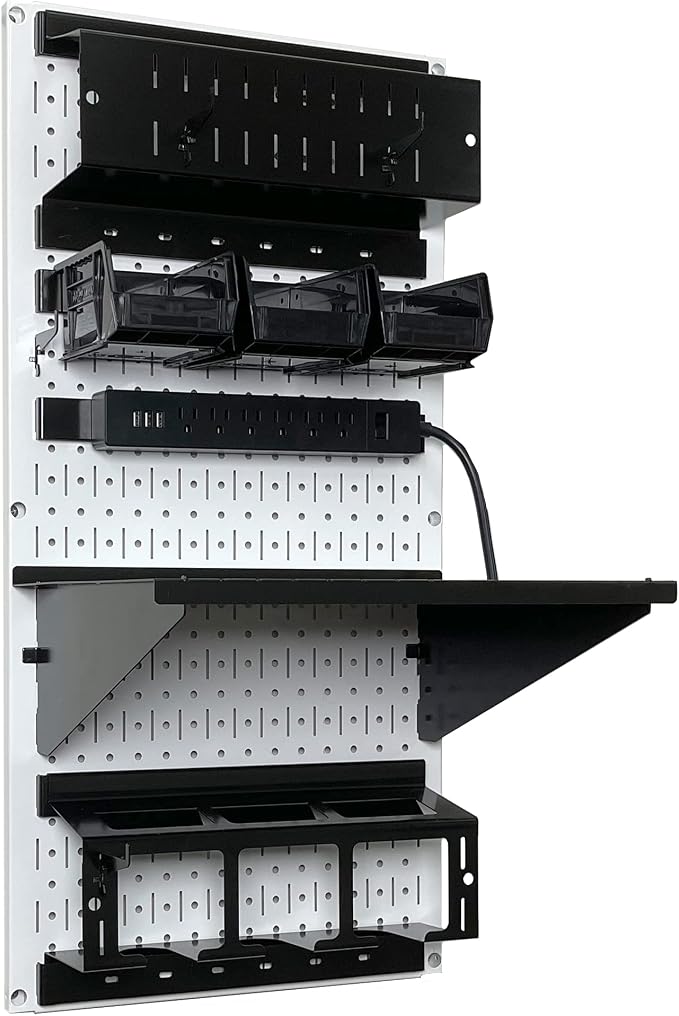 Wall Control Power Tool Storage Organizer Kit Cordless Drill Holder Charging Station Rack 16” x 32” Metal Pegboard Organization System (White Pegboard) - Image 2