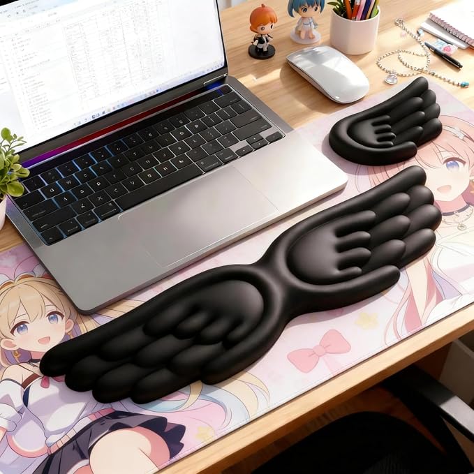 inbesk Angel Wing Wrist Rest Ergonomic Memory Foam Wrist Rest for Computer Keyboard Mouse Set, Cute Gaming Keyboard Cushion Hand Support PU Leather Surface Anti-Slip Waterproof Dirt Resistant (Black) by Unknown