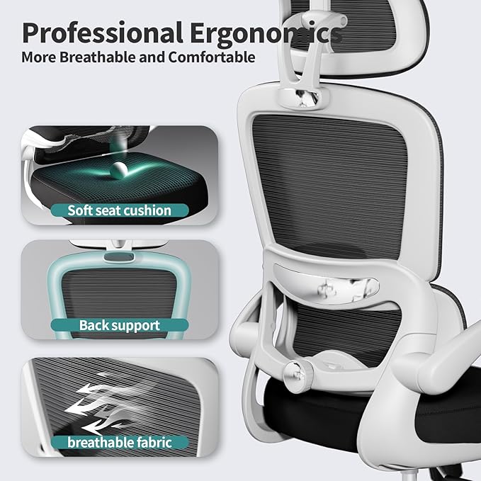 TRALT Office Chair Ergonomic Desk Chair - Gaming Chair with Lumbar Support | 330 LBS Home Office Desk Chairs with Headrest, Reading Chair with Flip-up Armrests, Comfortable Computer Chairs (1, Black) - Image 3