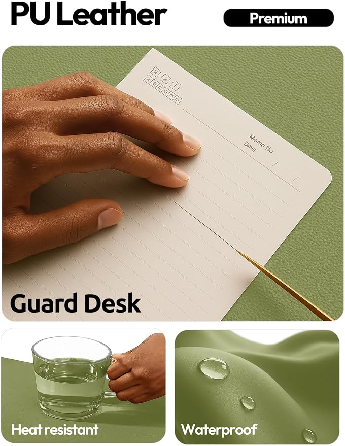 YSAGi Leather Desk Protector, Office Mat, Large Mouse Mat, Non-Slip PU Leather Blotter, Laptop Desk Mat, Waterproof Writing Pad for Office and Home(Green, 42" x 17.2") - Image 3