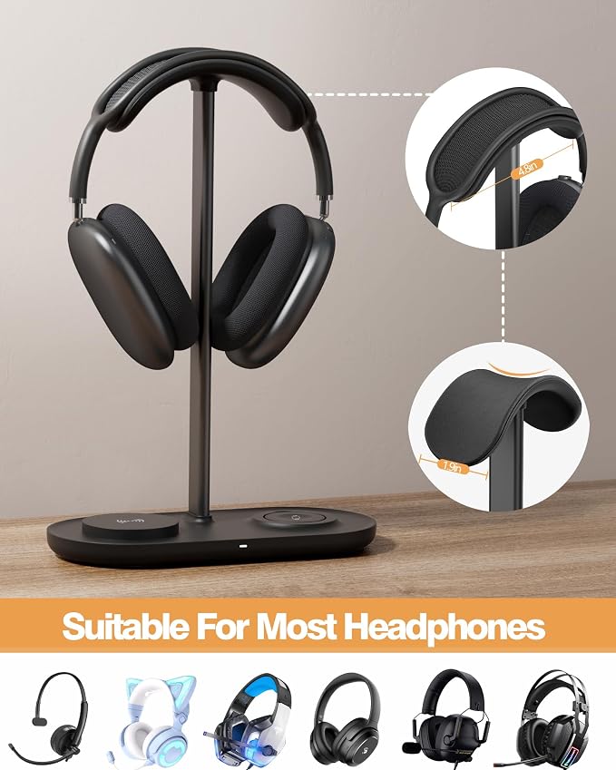 HiWe Headphone Stand, 2-in-1 MagSafe Wireless Charger for iPhone/iWatch | Headset Holder for All Headphones, Aluminum Alloy Bar, ABS Solid Base, PU Headrest, Table Desk Organizer - Image 2