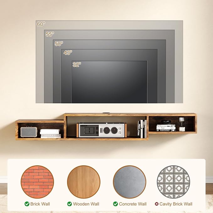 59 Inch Floating TV Stand, Wall Mounted Entertainment Center, Rustic Brown - Image 5