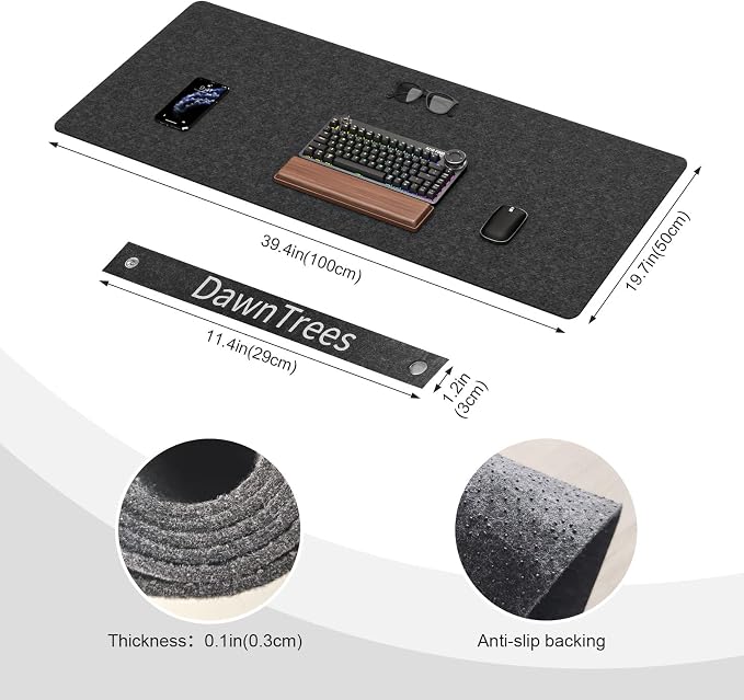 DAWNTREES Large Felt Desk Mat,39.4''x19.69'' Full Keyboard and Mouse Pad | Non-Slip Computer Desk Mat for Home and Office,100x50CM Felt Desk Pad Protector (Dark Gray) - Image 2