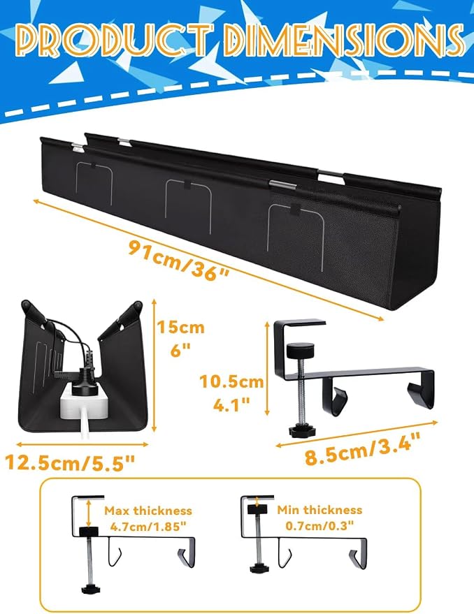 No Drill Under Desk Cable Management Tray - 36" Under Desk Cord Organizer,Clamp/Screw Mount Cable Management, Premium Fabric Cord Hider for Wire Organizer for Office, Home - Image 4