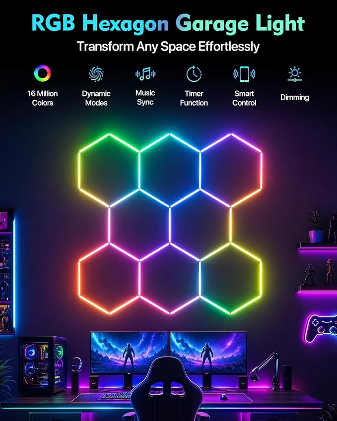 Hexagon Garage Lights, 8-Hex RGB, DIY Lighting Effects, Music Sync - Image 2