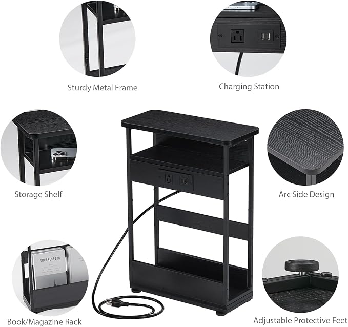 YEAKOO Narrow Side Table with Charging StationSmall Spaces Narrow End Table - Image 4