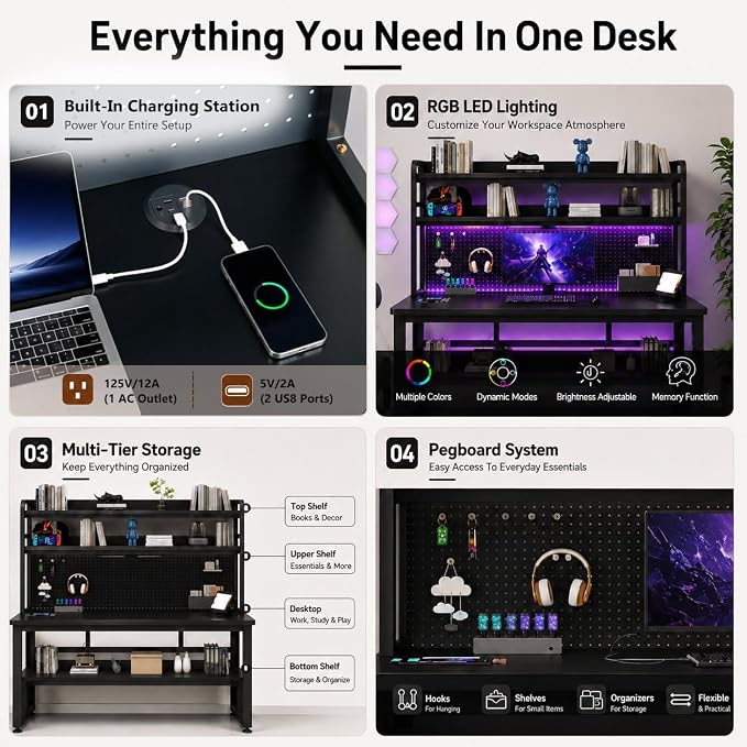 31 Inch Gaming Desk with Power Outlets & USB Ports | Computer Desk with LED Lights, Hutch, Pegboard & Storage Shelves for Home Office, Small Space (Black) - Image 5