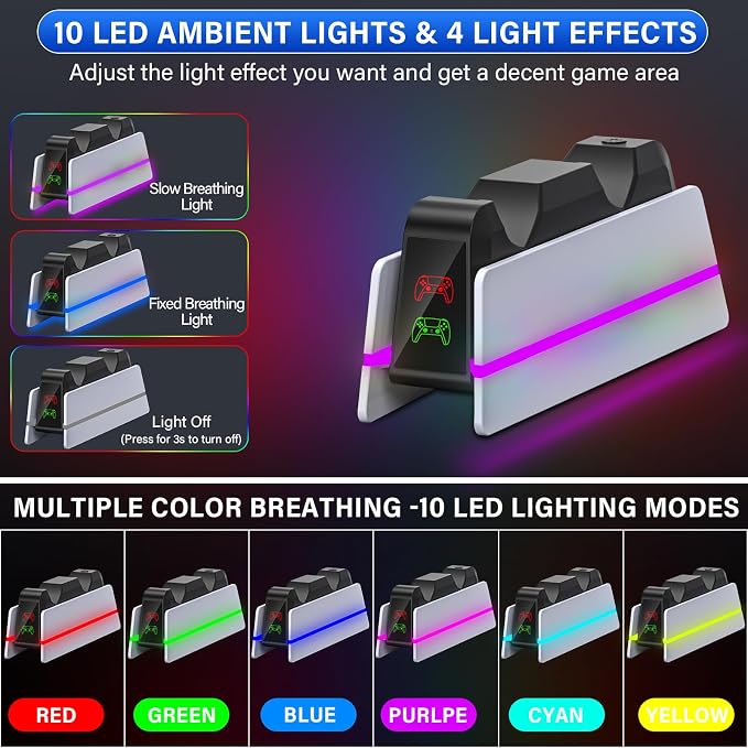 Charger Station for PS5 Controller - Charging Station for Dualsense/Edge Controller with 9 Color Led Light, Fast Charging Dock & Holder Charger Stand for PS5 Remote Accessories - Image 5