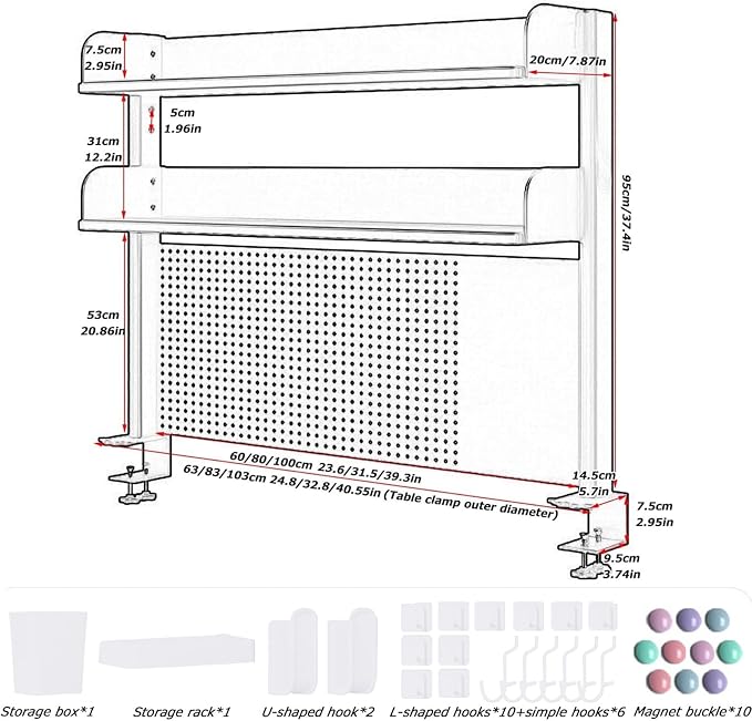 Clamp On Desk Organizer Shelf, White Desk Extender Pegboard Workstation,Computer Desk Accessories for Office, Privacy Panel for Gaming Desk,23.6/31.4/39.3in Desktop Shelving (white, 60cm/23.6in) - Image 3