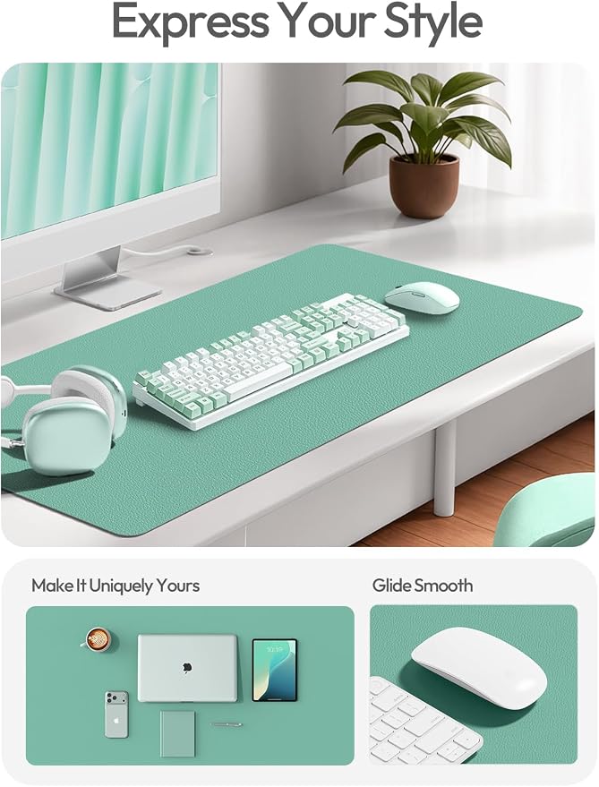 YSAGi Leather Desk Protector, Office Mat, Large Mouse Mat, Non-Slip PU Leather Blotter, Laptop Desk Pad, Waterproof Writing Pad for Office and Home (Green-Blue, 47.2" x 23.6") - Image 2