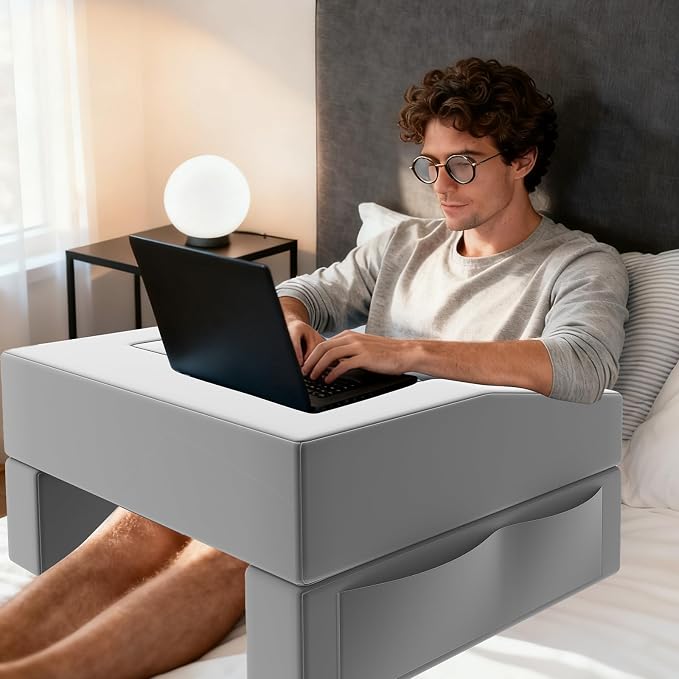 Reading Pillow for Gaming Lap Desk Pillow for Laptop with Pocket Foldable Memory Foam Bed Desk for Reading Working Crocheting Gaming Arm Rest on Bed/Sofa/Floor/Couch/Car (Grey no Cup Holder) by VERASCOT