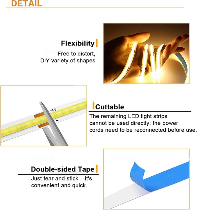 5V USB LED Strip Lights 6.56FT, 3Key COB Light Strip Warm White, Short LED Strip Light, Flexible Bright for Under Cabinet, Kitchen, TV Backlight, Shelves, Displays and TV Lights - Image 3