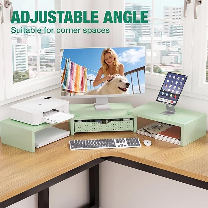 OPNICE Dual Computer Monitor Stand Riser, Desk Organizer with Drawer, Office Desk Accessories & Workspace Organizers for Home Office Supplies, Green - Image 3