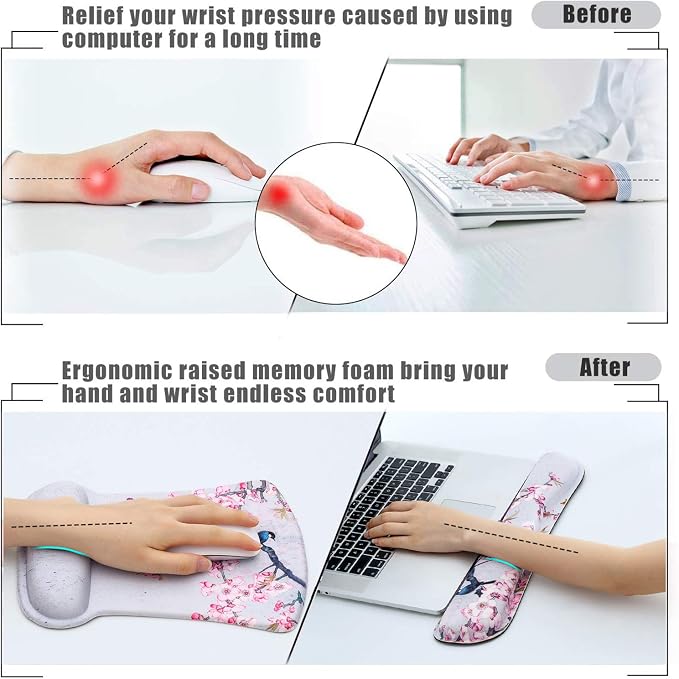 Ergonomic Keyboard Mouse Pad Set with Wrist Rest Support, Memory Foam Hand Rest Wrist Cushion Set for Laptop/Notebook/Desktop/Computer/Gaming/Office/Desk, Easy Typing & Pain Relief(Bird & Pink Flower) - Image 4