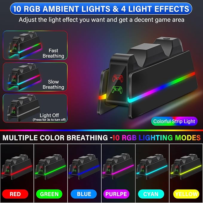 PS5-Controller-Charger-Station - Charging Station for PlayStation 5 Dualsense/Edge Controller with 9 Color Led Light, Fast Charging Dock & Holder Stand for PS5/Slim/Pro Remote - Whole Black - Image 2
