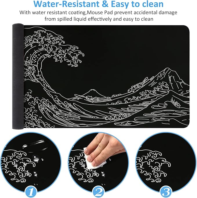 iCasso Mousepad,Gaming Mouse Pad,Black Wave of Kanagawa | Large Desk Mat,Big Rubber Base Mouse Mat with Stitched Edges,Computer Keyboard Desk Pad for Work Office Home - Image 4