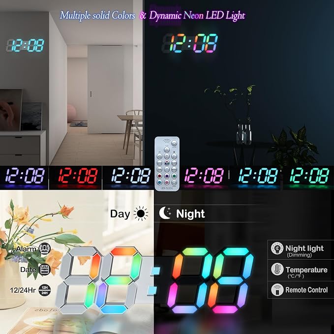 KOSUMOSU LED Wall Clock 15" RGB Digital LED Clock for Living Room Decor, Large Display Gaming Room Clocks, Dimming/12/24 Hr Time/Date/Temp/Remote (White Clock with Neon Light) - Image 2