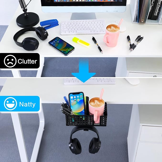 3-in-1 Desk Cup Holder, Clip on Desk Organizer Headphone Hanger - Image 2