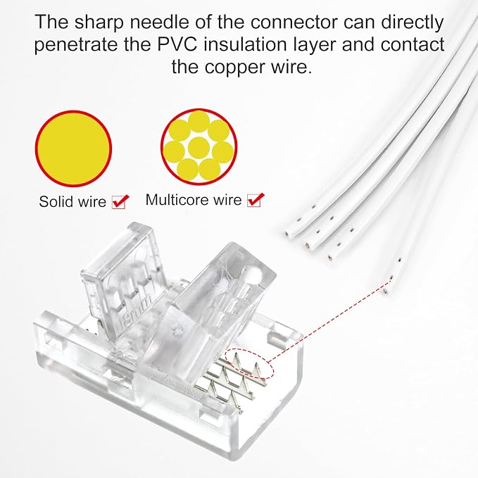 RGBZONE 10Pcs 8mm 4 Pin LED Strip Connectors and 32.8ft 4 Pin RGB Extension Cable Strip to Wire Quick Connection for Waterproof or Non-Waterproof 8mm Wide SMD RGB 5050 LED Strip Lights(IP20/IP65) - Image 6