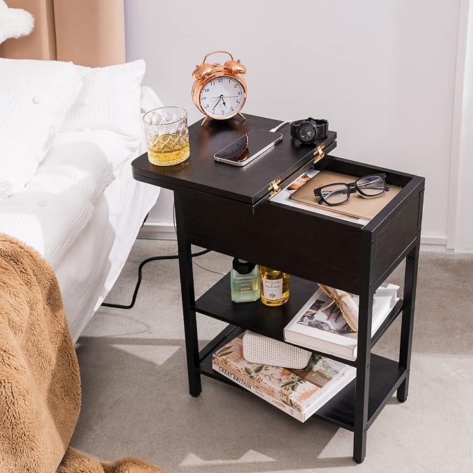 Yoobure End Table with Charging Station, Flip Top Side Table with USB Ports and Outlets, Sofa Couch Table Bedside Table for Living Room Bedroom, Narrow Nightstand with Storage Shelves for Small Space - Image 9