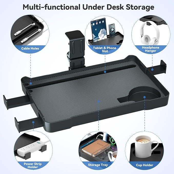 KDD Under Desk Organizer - 360° Rotating Clamp-On Tray with Headphone Hook, Phone & Tablet Holder, Cup Holder, and Cable Management - No Drilling Desk Storage Accessories for Office and Home - Image 3