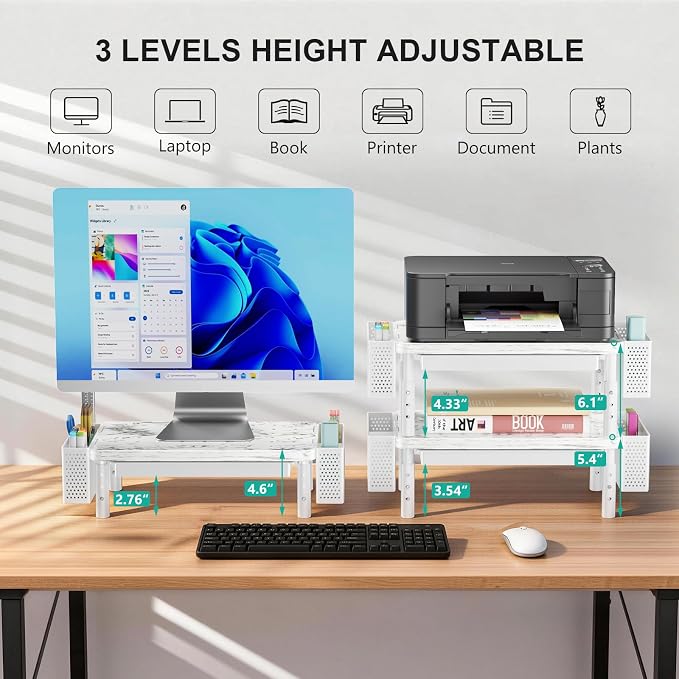 WALI Computer Monitor Stand with Storage and Pen Holder | 3 Height Adjustable Desk Organizer with Drawer, Desk Laptop Monitor Riser for Computer, Printer(PTT003-M), 1 Pack, Marble - Image 3