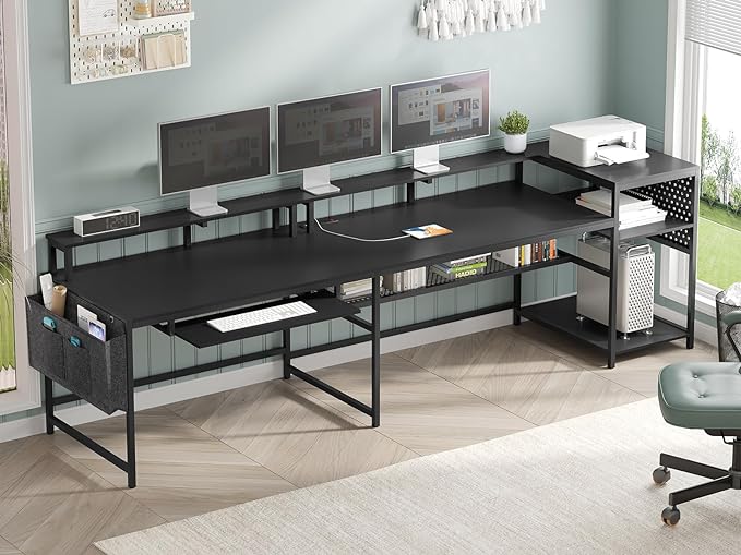 SEDETA L Shaped Gaming Desk, Reversible Computer Desk, Gaming Desk with Power Outlets & LED Strip, Monitor Shelf, Keyboard Tray, Pegboard and Storage Shelves for Home Office, Black - Image 2